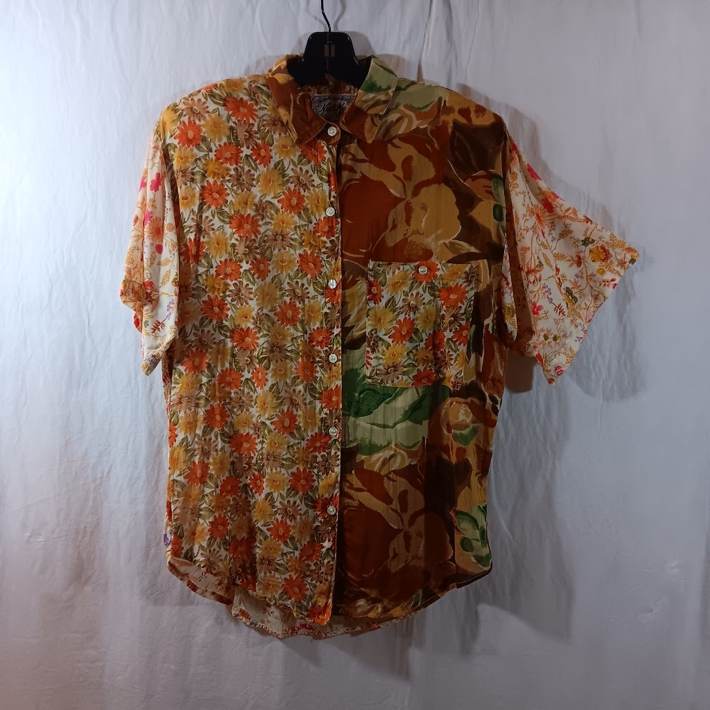 Next Move Vintage Womens Medium Gauze Top Shirt Floral Patchwork Boho